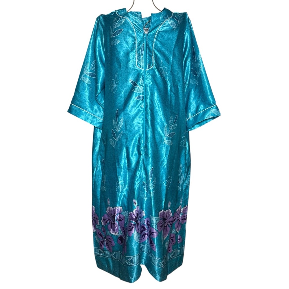 Vintage Anthony Richards Blue Tropical Zipped Up Floral Satin Nightgown Mumu 1X